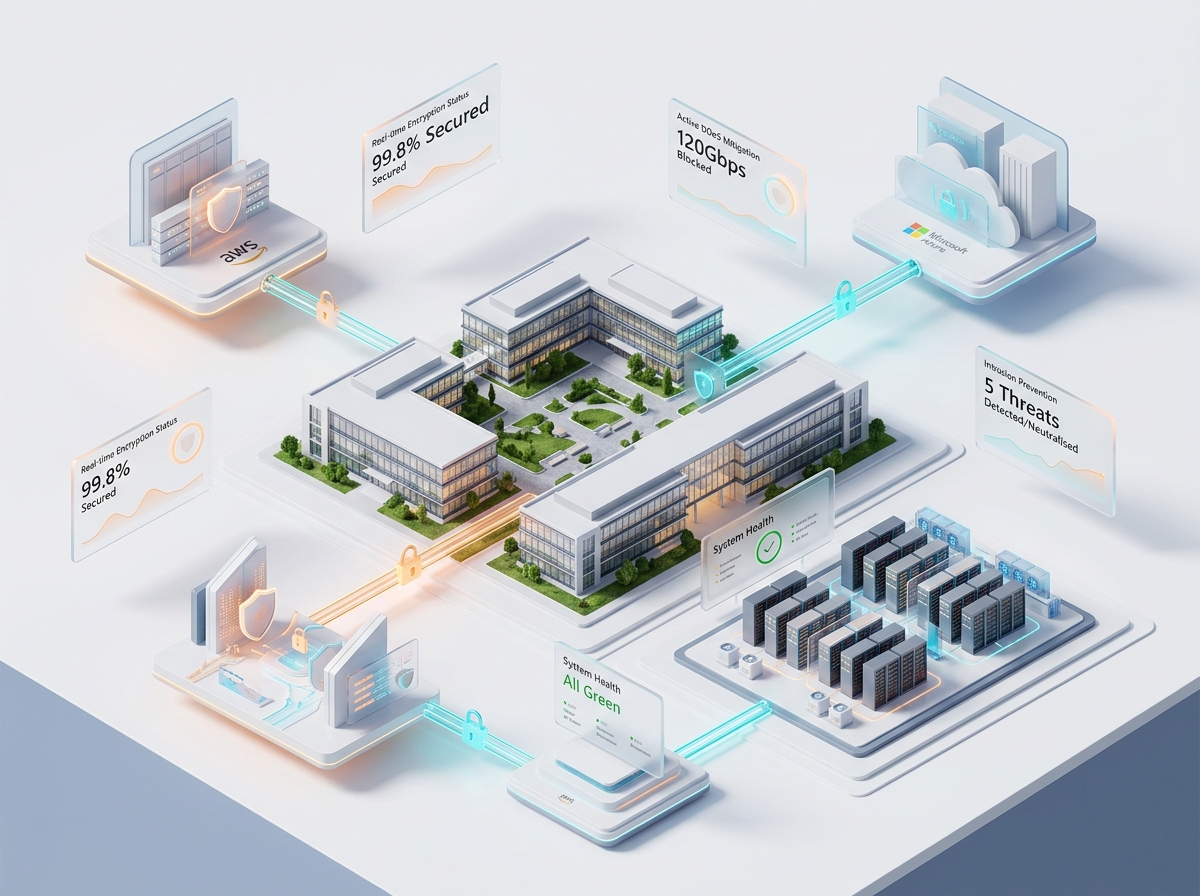 3D Isometric AWS and Hybrid Cloud Topology with Real-Time Encryption and DDoS Protection