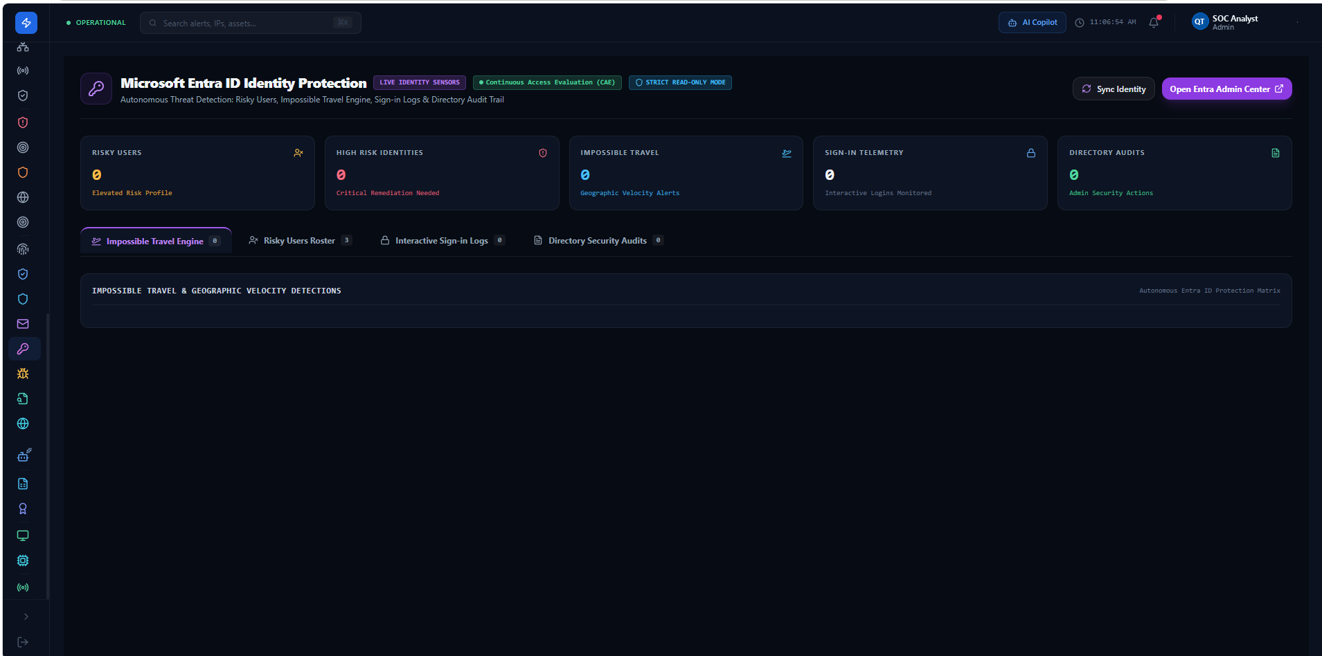 Microsoft Entra ID Identity Protection view showing Continuous Access Evaluation, Impossible Travel Engine, Risky Users Roster, Interactive Sign-in Logs, and Strict Read-Only Mode