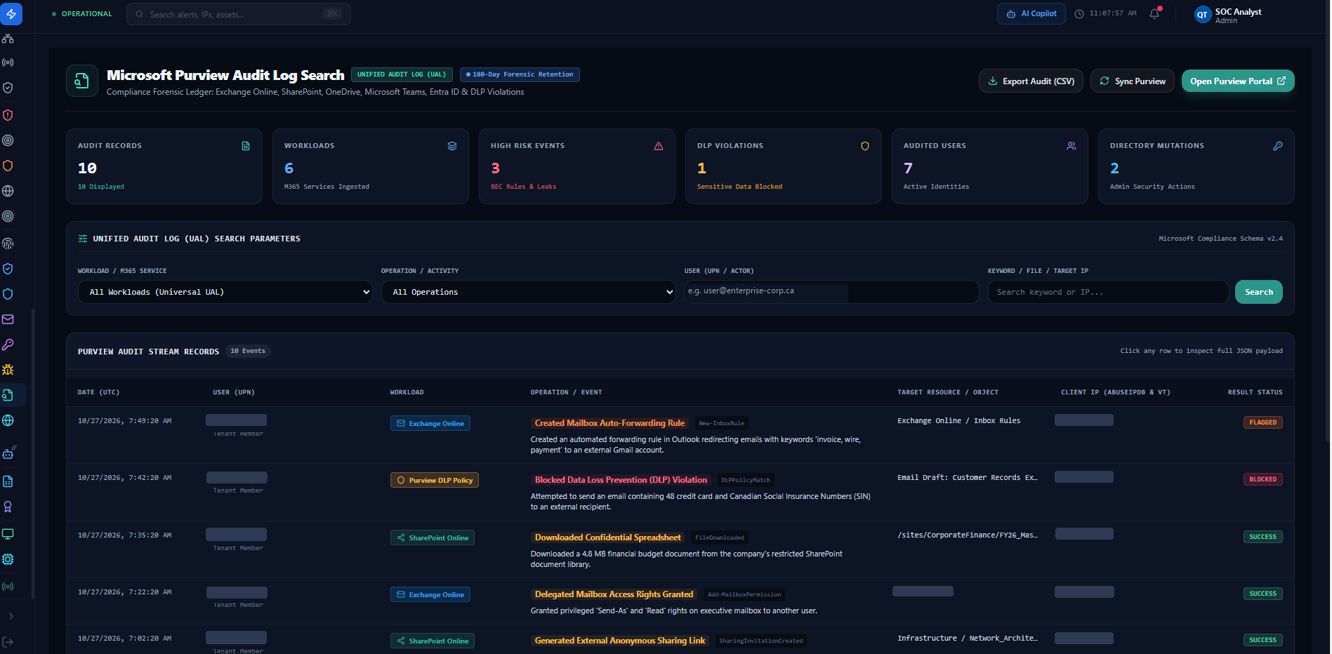 Microsoft Purview Audit Log Search inside QueryTel Sentinel showing flagged Exchange Online mailbox auto-forwarding rule for invoice and wire keywords, blocked DLP violation, and 180-day forensic retention
