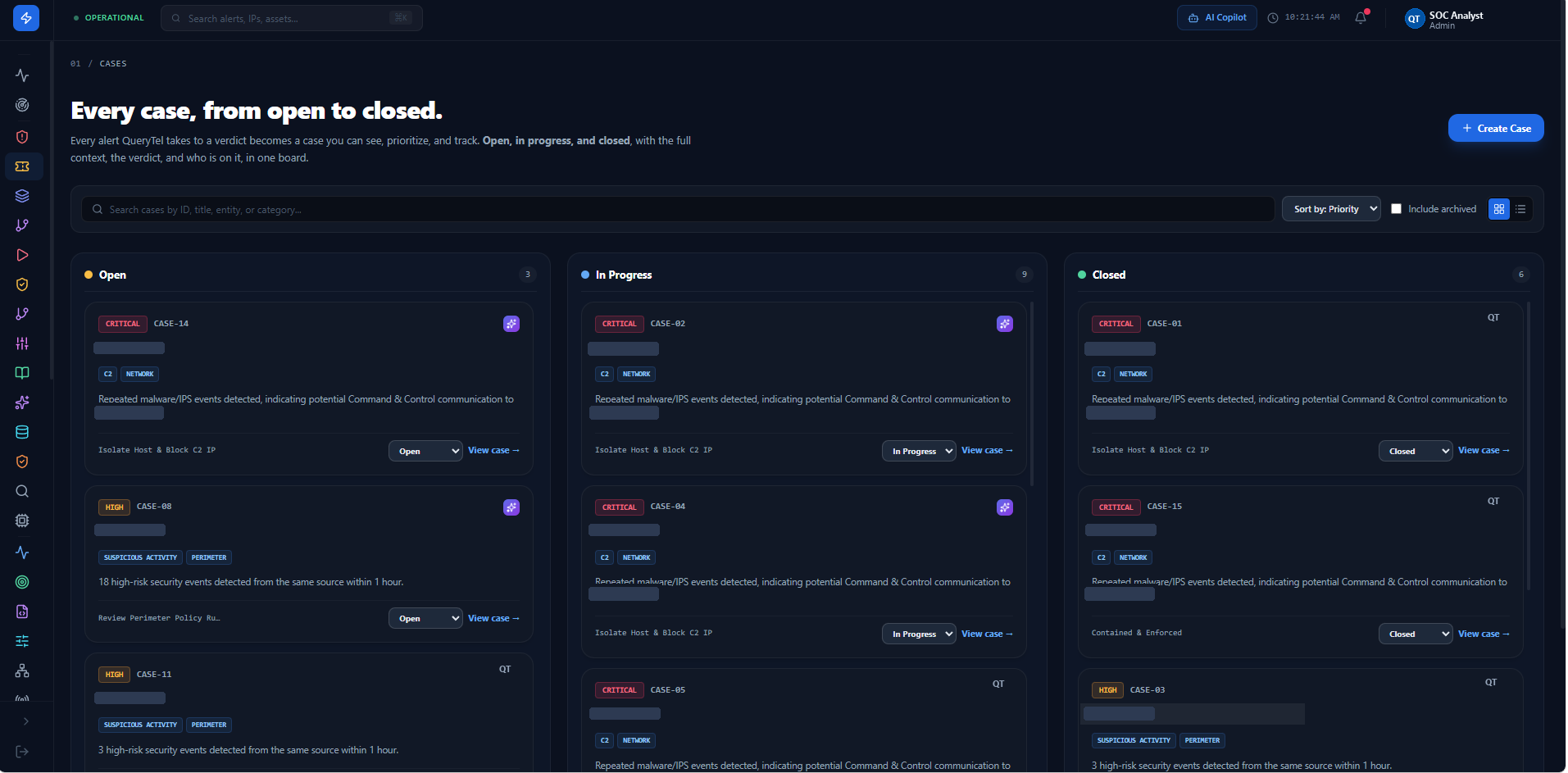 Sentinel Cases Kanban Board displaying Open, In Progress, and Closed security cases with severity tags and containment directives